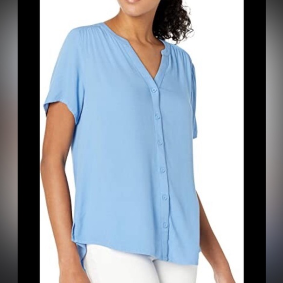 Perch by Blu Pepper Deep Sky Blue V Neck Button Front SS Loose Blouse WN 2X NWT - Picture 2 of 8